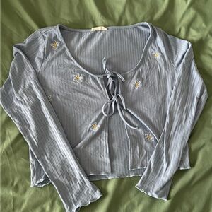 Sky Blue Floral Embroidered Tie-Front Crop Top